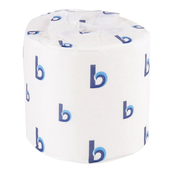 A single roll of toilet paper wrapped in white paper with a repeating blue and teal 'b' logo pattern.