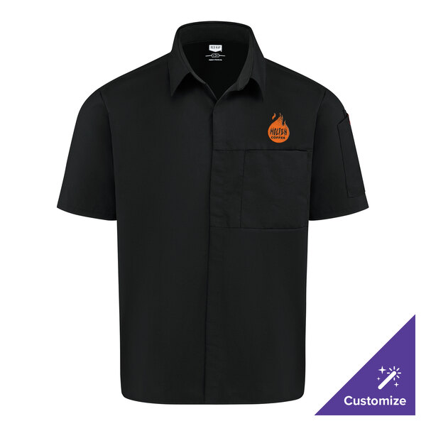 A black short-sleeve button-up shirt with a collar, a chest pocket, and an orange flame logo on the left chest.