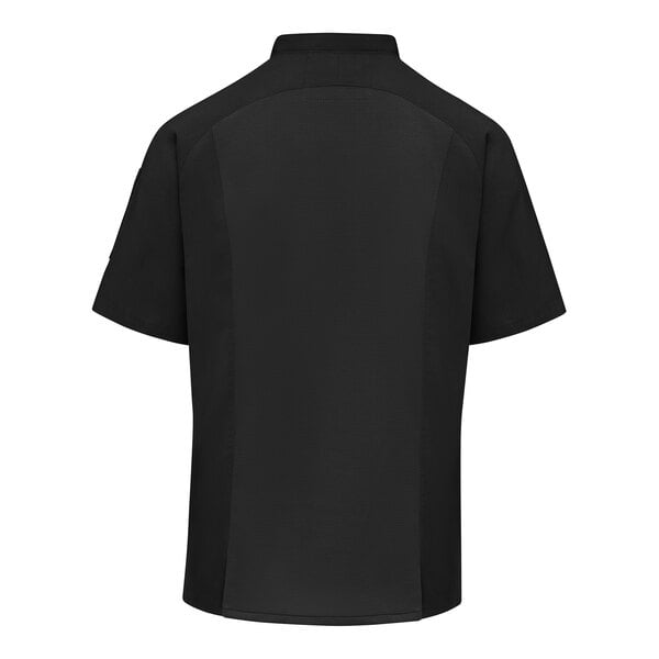 A black short-sleeve shirt with a straight hem and a subtle panel design on the back.