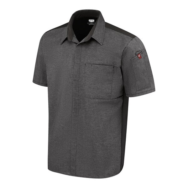 A short-sleeve, button-up charcoal shirt with a front chest pocket and a small logo tag on the left sleeve.