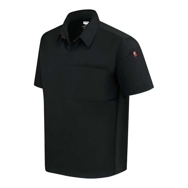 A short-sleeve black collared shirt with a chest pocket and a small patch on the left sleeve.