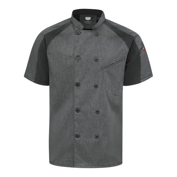 A short-sleeve, double-breasted chef coat in charcoal gray with black raglan sleeves and a chest pocket.