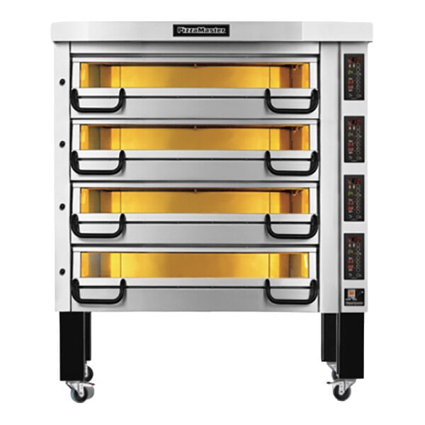A stainless steel multi-deck oven with four illuminated baking chambers, each with a pair of black handles and digital control panels on the right side, mounted on wheels.