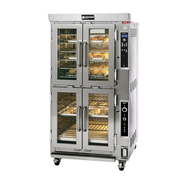 A Doyon Liquid Propane double deck Jet Air oven proofer combo with racks of bread baking.