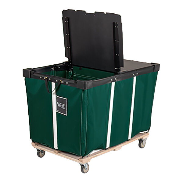 A large green fabric cart with a hinged black lid, white vertical stripes, and four caster wheels.