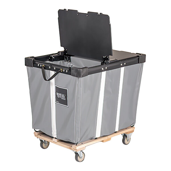 A large gray vinyl basket truck with a hinged black lid, mounted on a wooden base with four swivel casters.