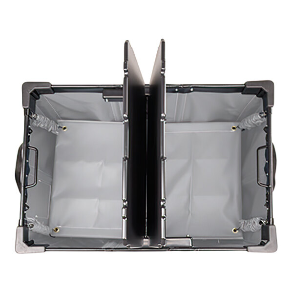 A top-down view of a large rectangular gray container with two compartments divided by a central partition, featuring reinforced corners and handles on the sides.