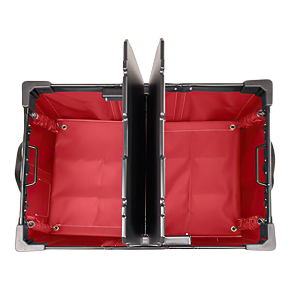 A top-down view of a rectangular container with red interior lining, divided into two compartments by a central partition, and featuring handles on the sides.