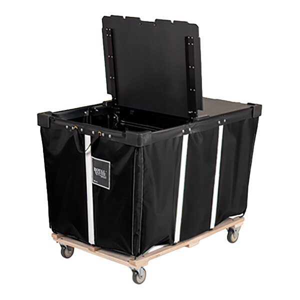 A large black vinyl basket truck with a hinged lid, white vertical stripes, and four swivel casters on a wooden base.