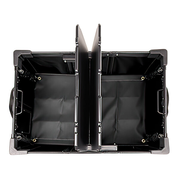 A top-down view of a large rectangular black container with two vertical dividers in the center, handles on the sides, and reinforced corners.
