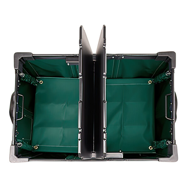 A top-down view of a rectangular green container with two compartments divided by a central partition, featuring reinforced corners and handles on the sides.