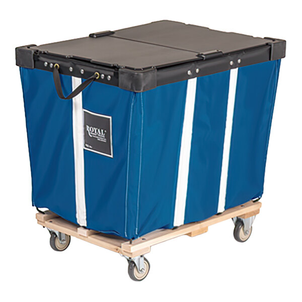 A large blue vinyl basket truck with a black lid, white vertical stripes, a wood base, and four swivel casters.