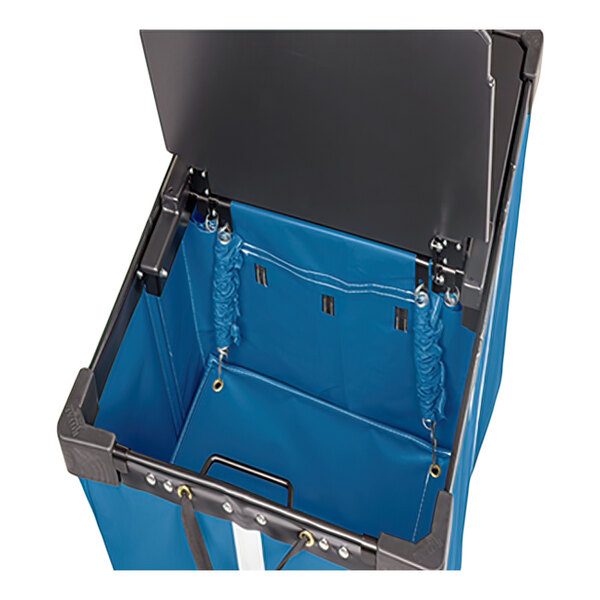 A blue rectangular basket truck with a vinyl interior, black hinged lid, and reinforced corners.