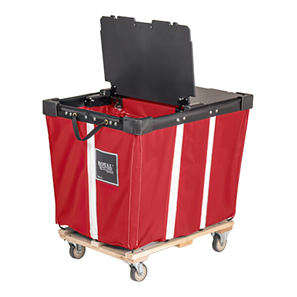 A red fabric cart with a black hinged lid, white vertical stripes, and four swivel casters on a wooden base.