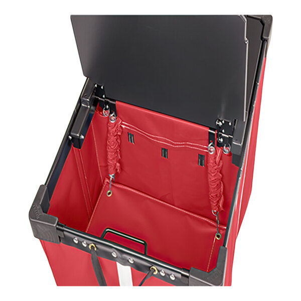 A red rectangular bin with a vinyl-like interior, black frame, and two attached black lids, viewed from above.