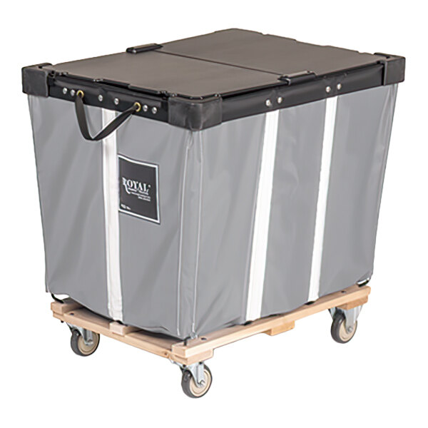 A large gray vinyl basket truck with a black lid, white vertical stripes, a handle, and four caster wheels on a wooden base.