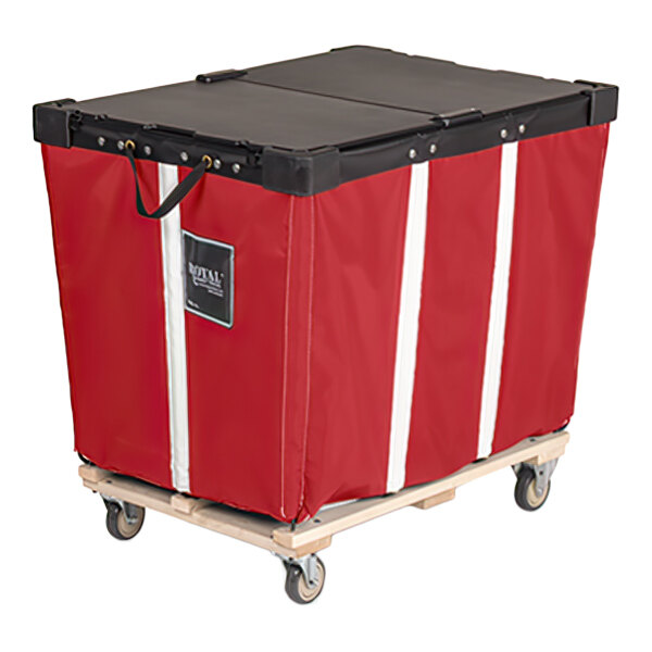 A large red vinyl basket truck with a black lid, white vertical stripes, a wood base, and four caster wheels.
