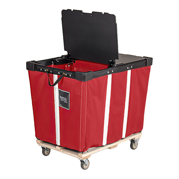 A large red fabric cart with white vertical stripes, a black hinged lid, and four caster wheels on a wooden base.