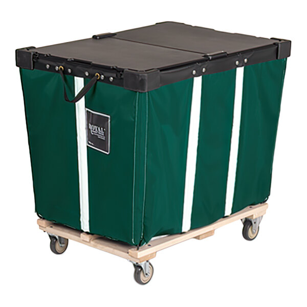 A large green vinyl basket truck with a black lid, white vertical stripes, a wood base, and four swivel casters.