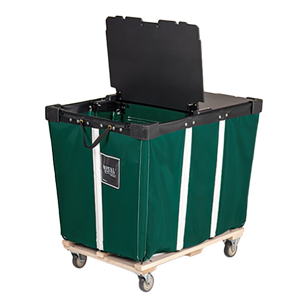 A large green fabric cart with white vertical stripes, a black hinged lid, and four swivel casters on a wooden base.