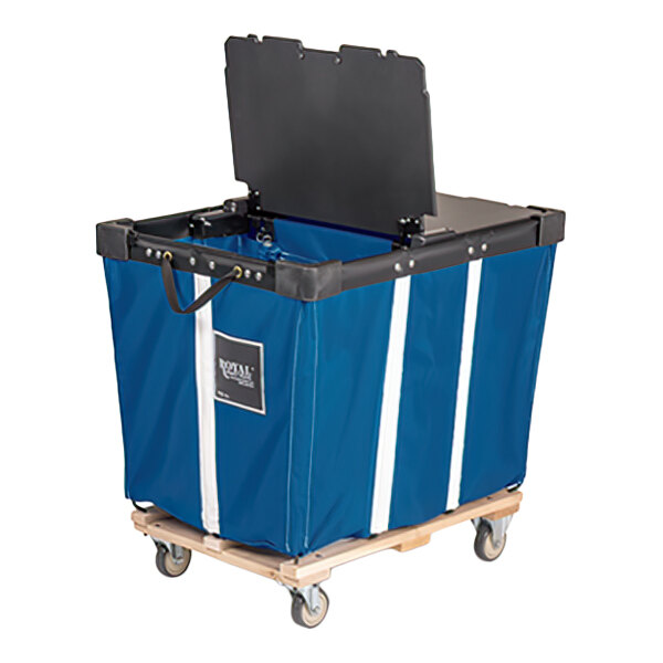 A large blue fabric cart with a black hinged lid, white vertical stripes, a handle, and four caster wheels on a wooden base.