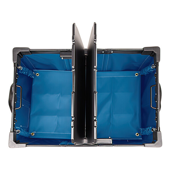 A top-down view of a rectangular blue container with two compartments divided by a central partition, featuring reinforced corners and handles on the sides.