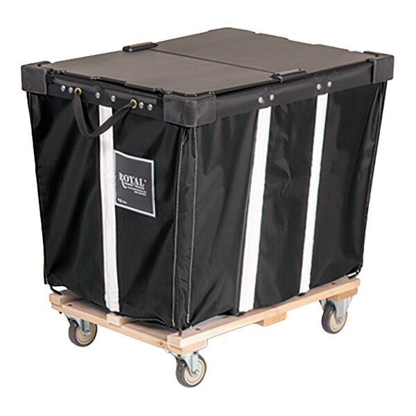 A large black fabric cart with a lid, handles, and a wooden base on four caster wheels.