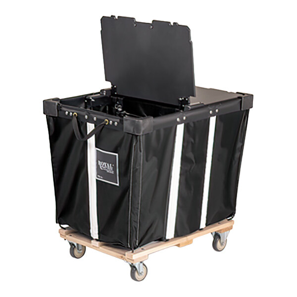 A large black fabric cart with a hinged lid, mounted on a wooden base with four caster wheels.