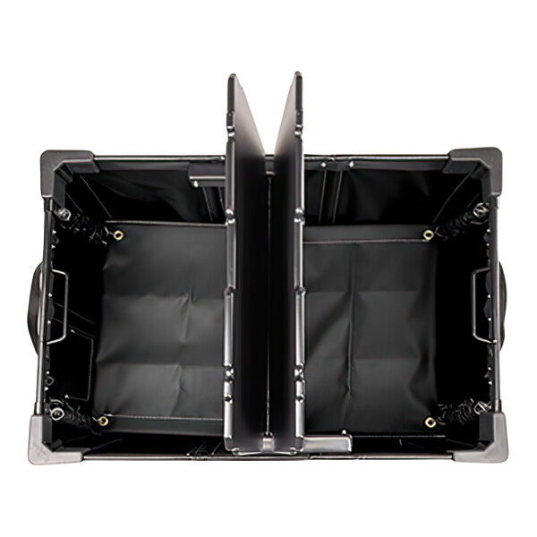 A top-down view of a large black rectangular container with two vertical dividers in the center and reinforced corners.
