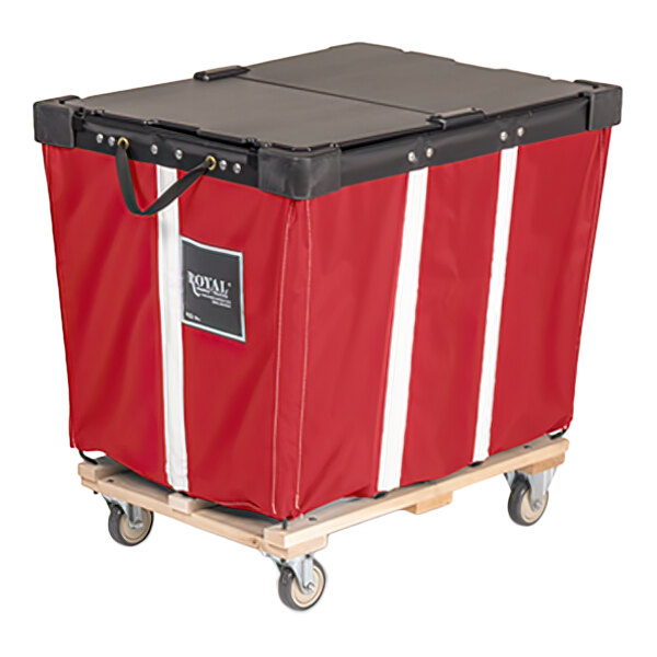 A large red vinyl basket truck with a black lid, white vertical stripes, a wood base, and four caster wheels.