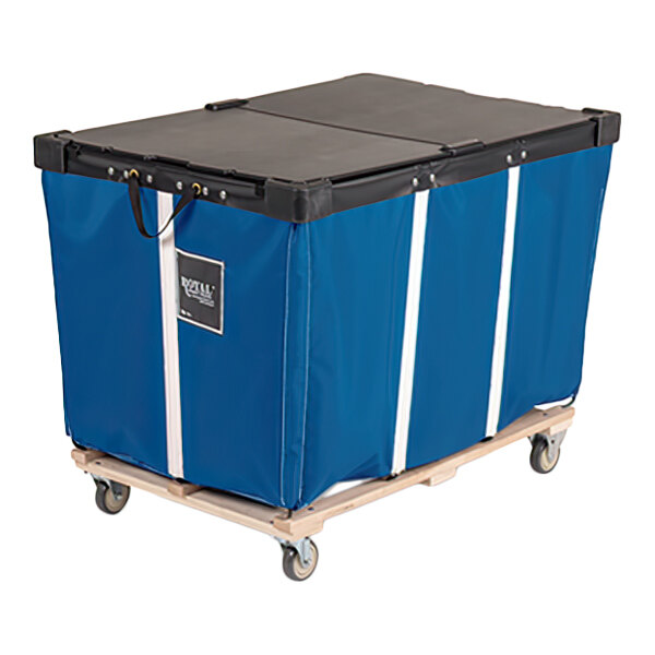 A large blue rectangular cart with a black lid, white vertical stripes, and four swivel casters on a wooden base.