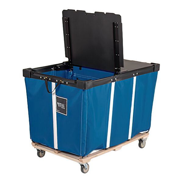 A large blue rectangular basket truck with a black hinged lid, white vertical stripes, a wood base, and four swivel casters.