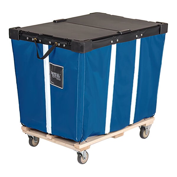 A large blue rectangular cart with a black lid, white vertical stripes, and four caster wheels on a wooden base.