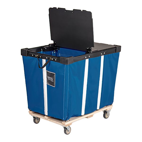 A large blue fabric cart with a black hinged lid, white vertical stripes, and four caster wheels on a wooden base.