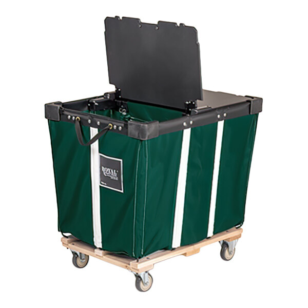 A large green fabric cart with white vertical stripes, a black hinged lid, handles, and four swivel casters on a wooden base.