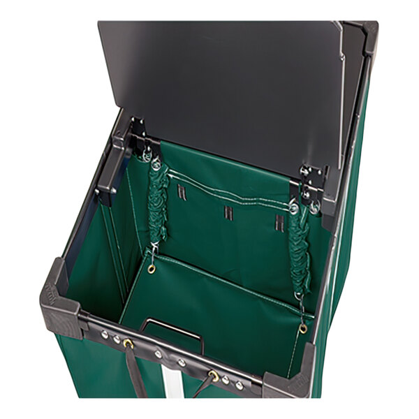 A green rectangular basket truck with a vinyl interior, wood base, two attached lids, and metal hardware.