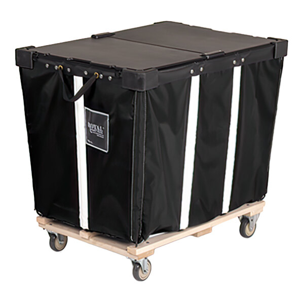 A large black vinyl basket truck with a wooden base, two lids, vertical white stripes, and four caster wheels.