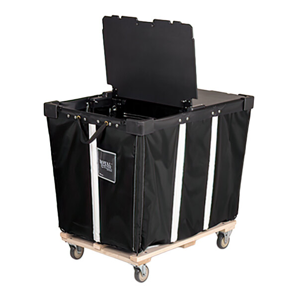 A large black fabric cart with vertical white stripes, a hinged lid, and four swivel casters on a wooden base.