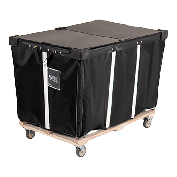 A large black rectangular cart with a vinyl-like exterior, a fitted lid, and four caster wheels on a wooden base.