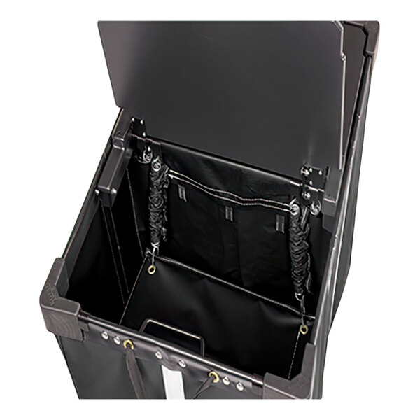 An open, rectangular container with a hinged lid, black interior lining, and reinforced corners.