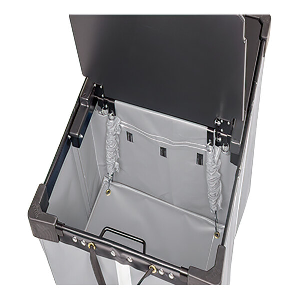 A large rectangular container with a hinged lid, gray vinyl interior lining, and reinforced corners.