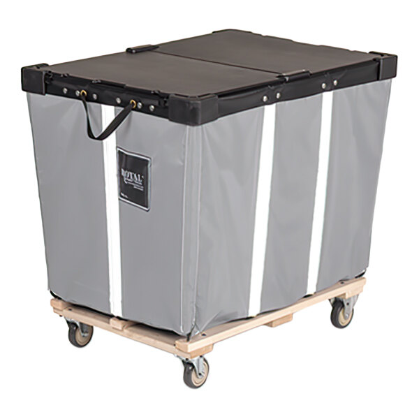 A large gray vinyl basket truck with a black lid, white vertical stripes, and a wooden base on four caster wheels.