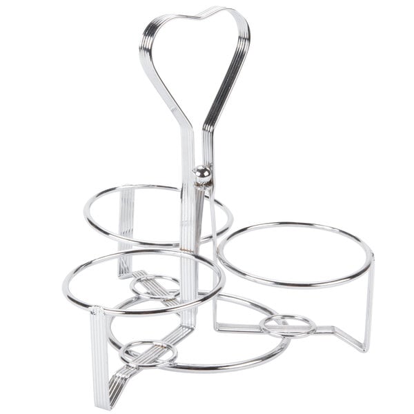 A chrome-plated metal caddy with three circular compartments and a heart-shaped handle.