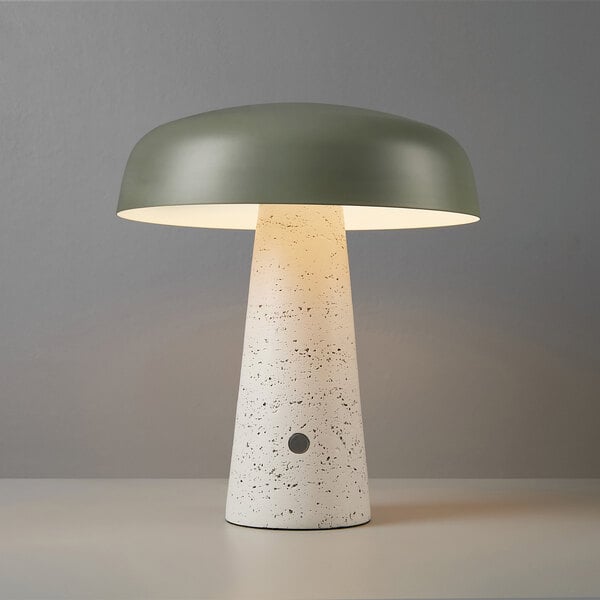Globe Novogratz 11 1/2" Off-White Metal Cordless Rechargeable LED Table Lamp with Textured Base and Sage Green Dome Shade - 120V, 3.5W