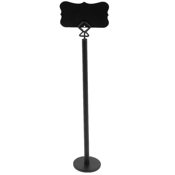 A tall, black metal stand with a decorative sign holder at the top and a round base.
