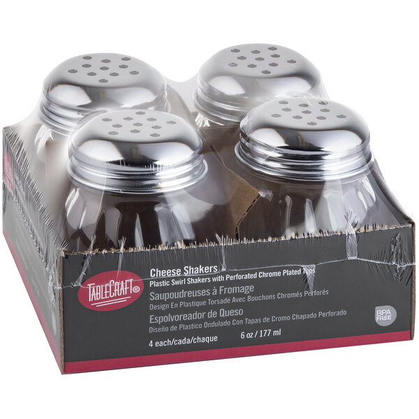 A package of four clear plastic cheese shakers with chrome-colored perforated tops, wrapped in plastic.