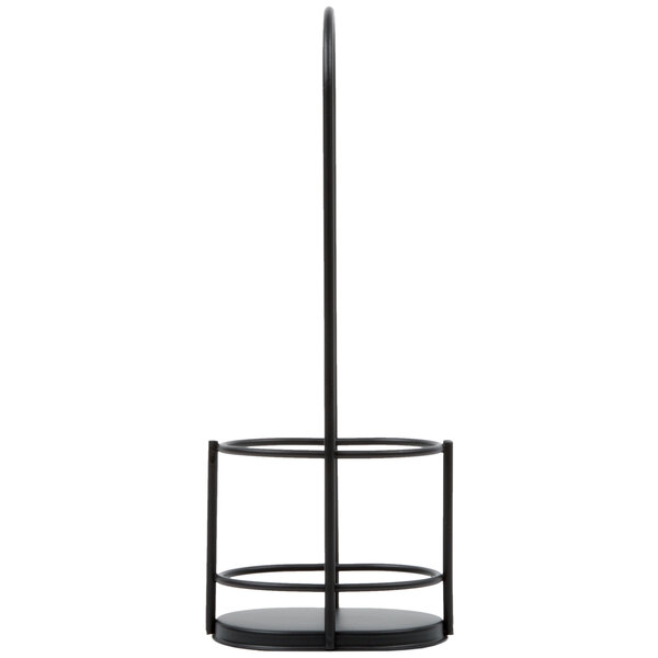 A black metal rack with a circular base and two horizontal rings, featuring a tall central handle.