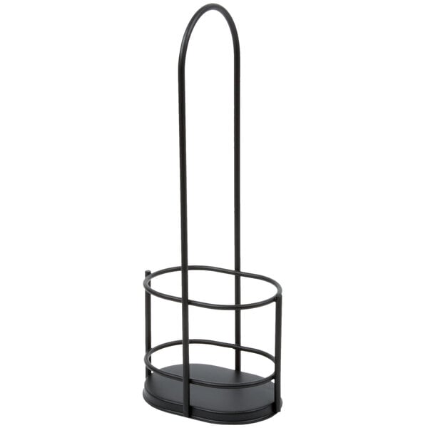 A black metal wire rack with an oval base and a tall handle, designed to hold bottles or containers.