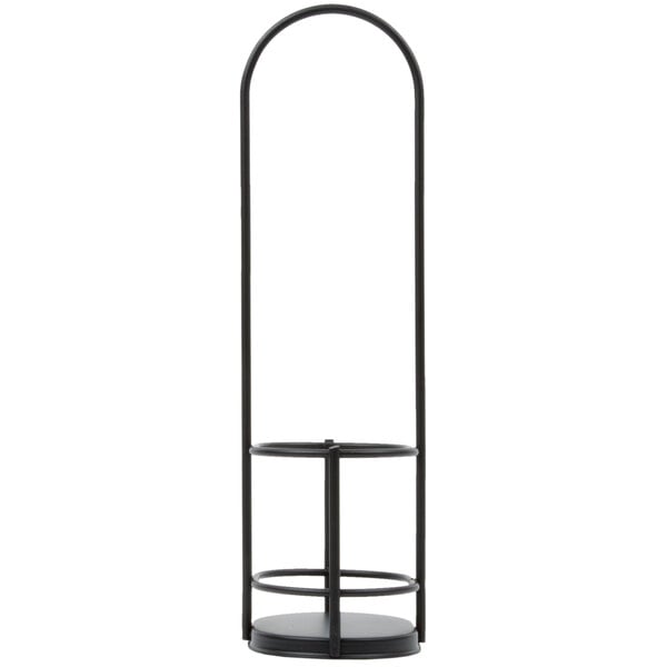A tall, black, metal rack with a circular base and two circular rings, designed to hold bottles or containers.