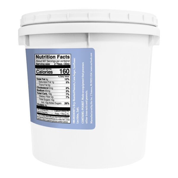 A large white plastic pail with a blue nutrition facts label and ingredients list on the side.